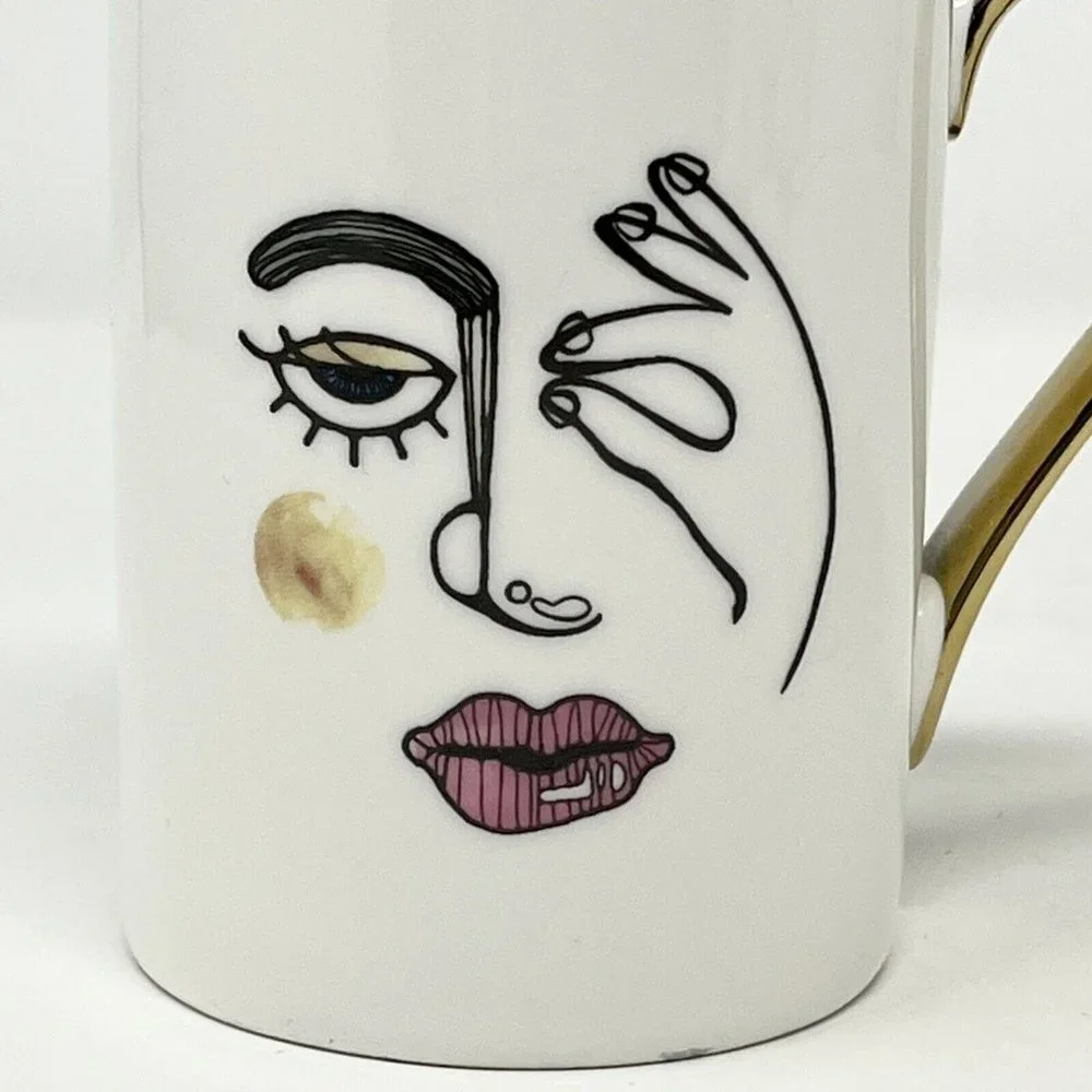 Picasso Style Line Drawing Face Coffee‎ Cup Set of 2 Gold Accent 4
